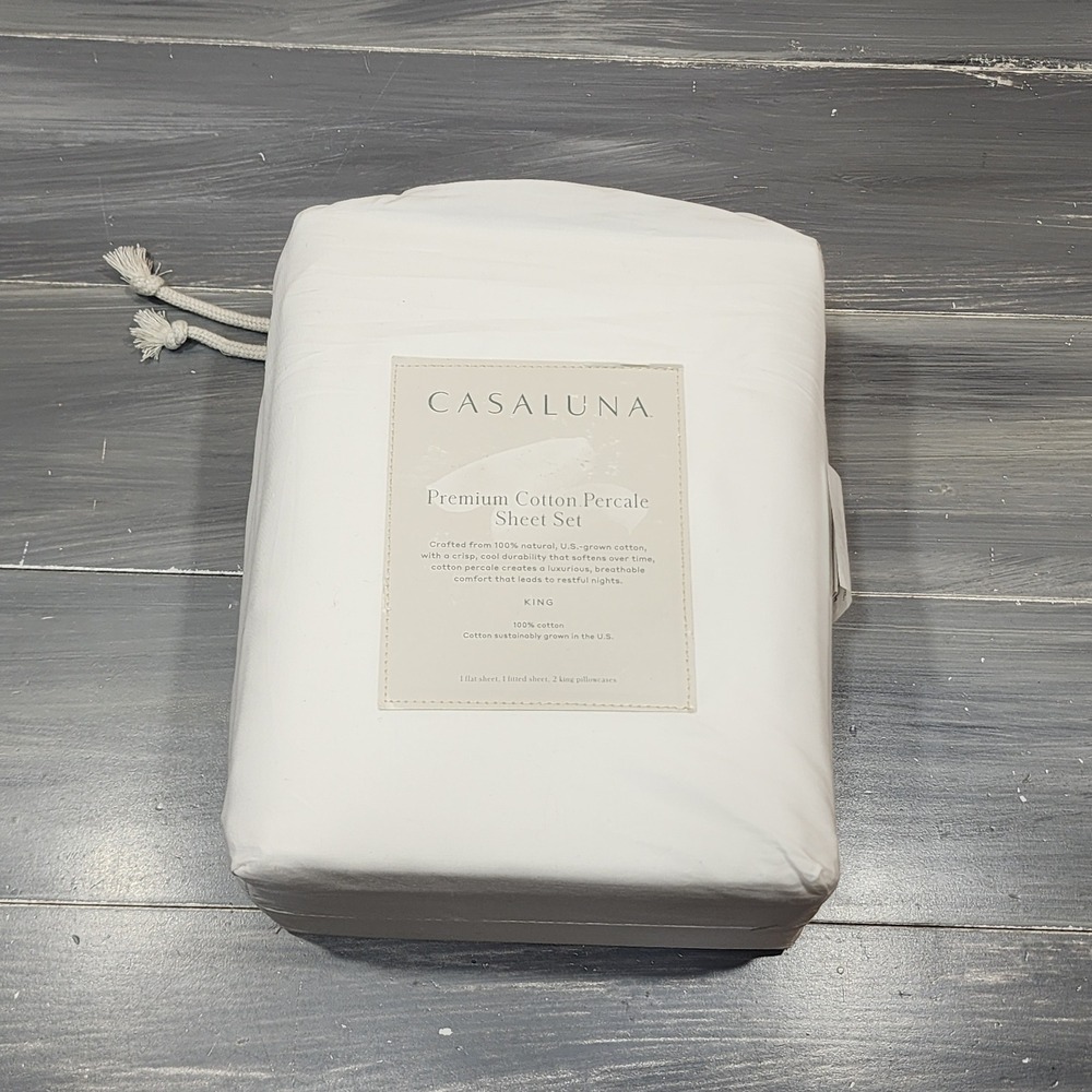 Casaluna King Premium Cotton Percale Sheet Set 400 TC White 4pc New